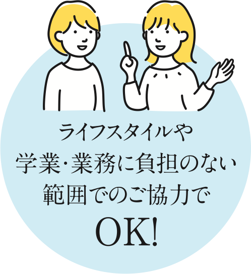 ライフスタイルや学業・業務に負担のない範囲でのご協力でOK!